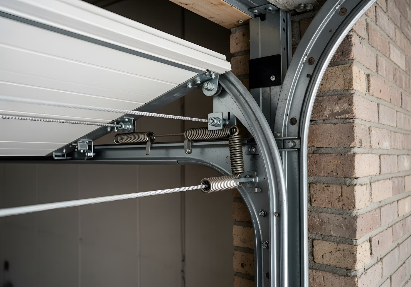 Springs, cables and the curved track above an open garage door