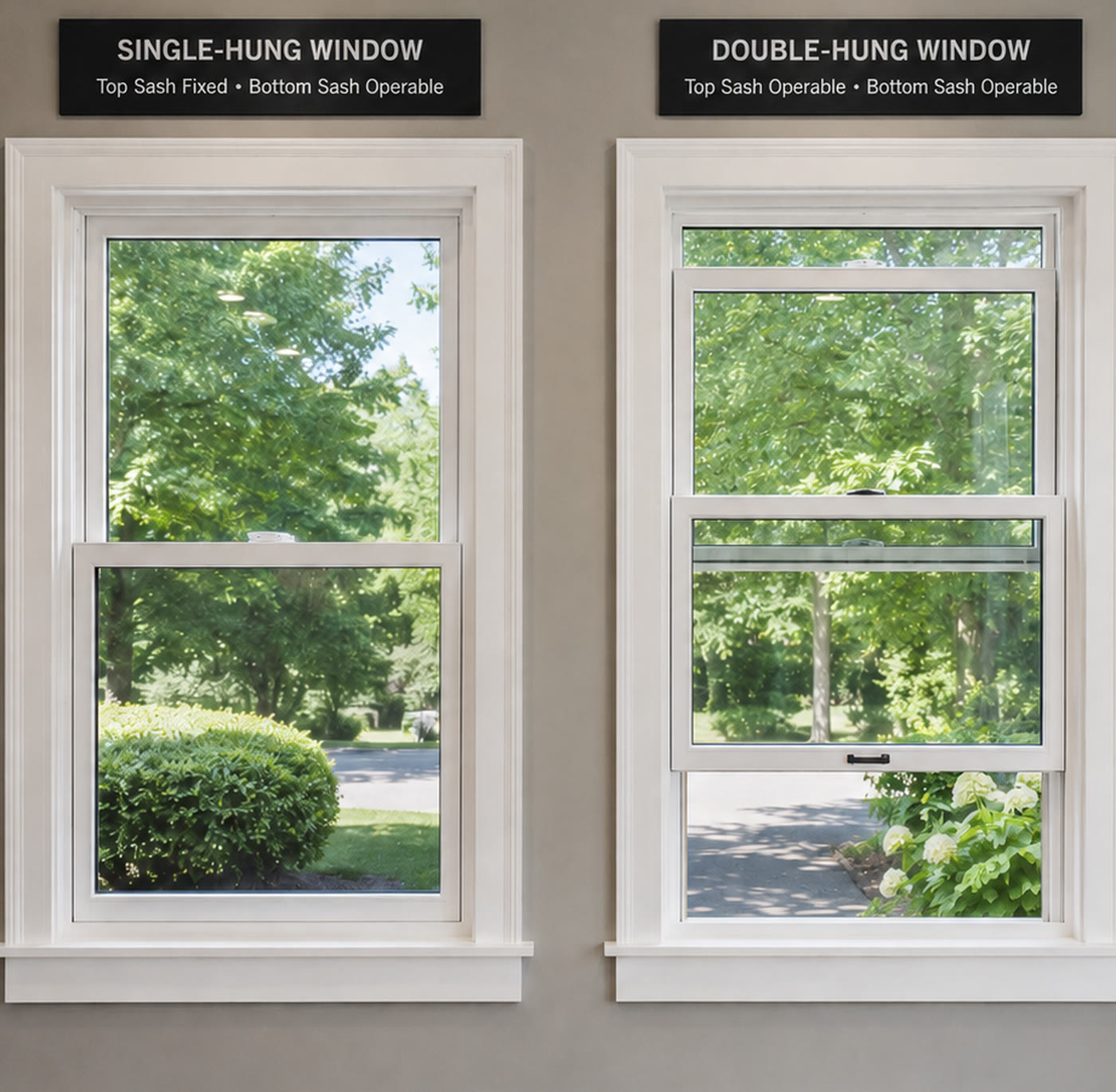 Two windows side by side. The single hung has a fixed top sash and a raised bottom sash. The double hung has both sashes moved, showing top and bottom both open.