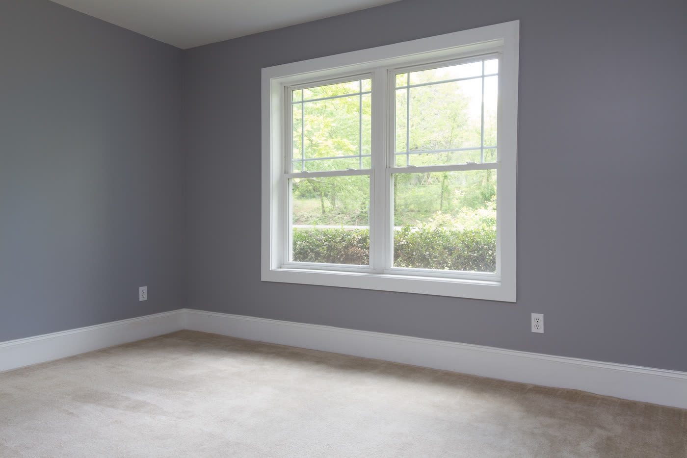 A double hung window in a freshly painted bedroom