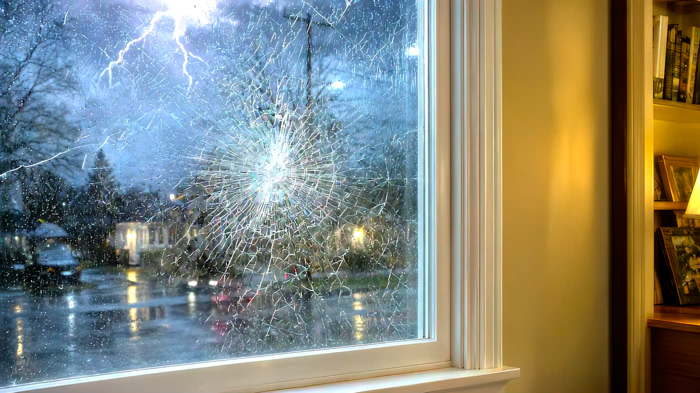 Impact glass cracked by a storm strike but still holding together in the frame