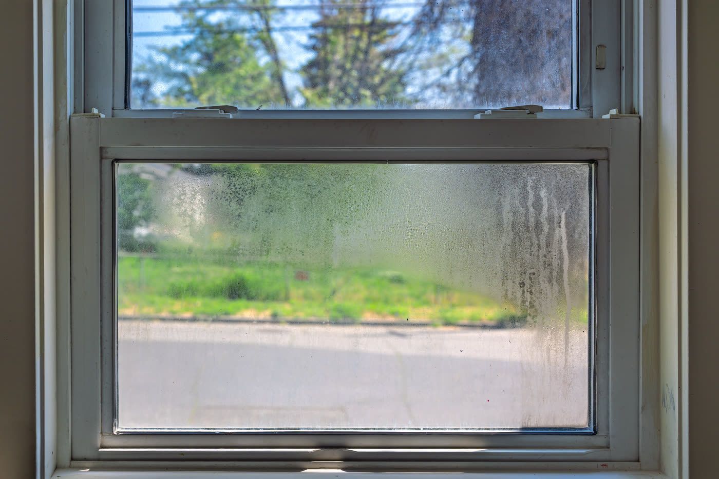 Condensation trapped between the panes of a double-glazed window